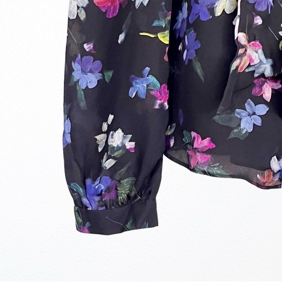 New Milly Classic Timeless Tie Neck Silk Blouse Black Satin + Floral SZ 4 - Picture 5 of 12